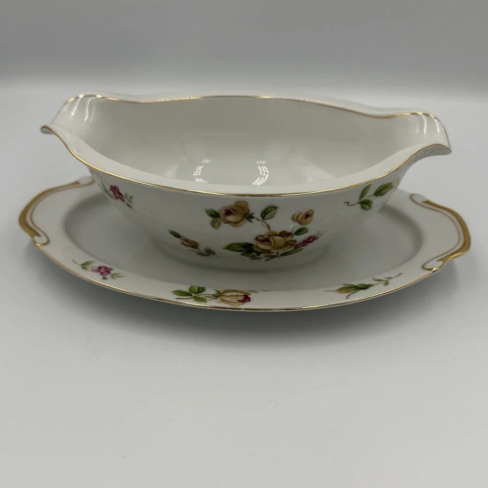 Vintage Lynmore Golden Rose Fine China Gravy Boat With Attached Plate